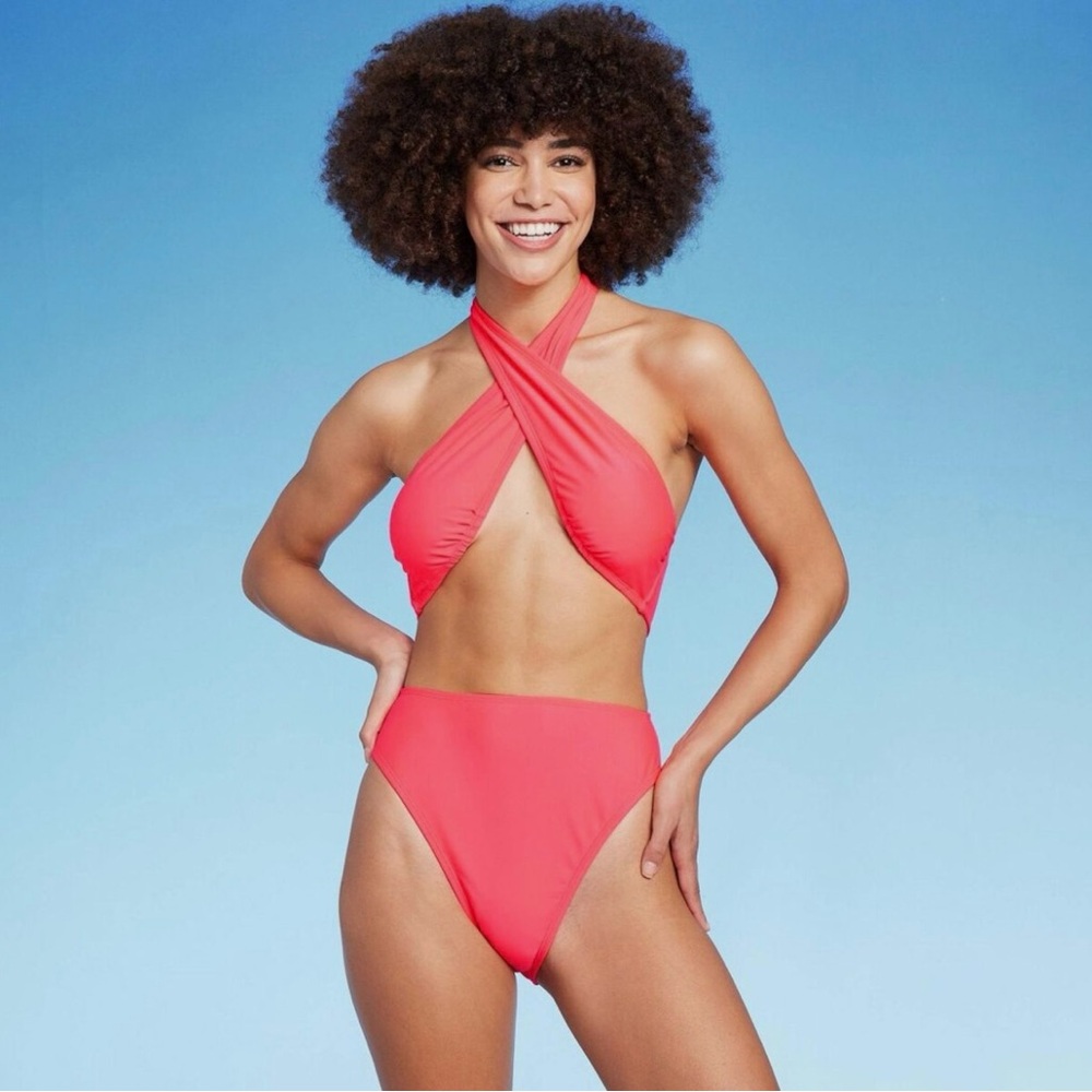 Wild Fable Pink One Piece Swimsuit with Halter Neck and High Cut Design